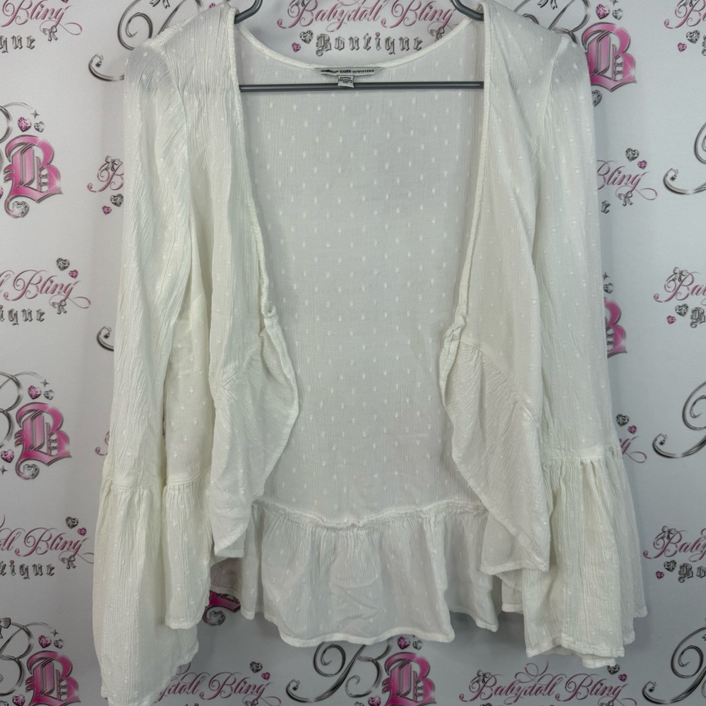 American Eagle Outfitters shirt ruffle cardigan open front White Textured Blouse